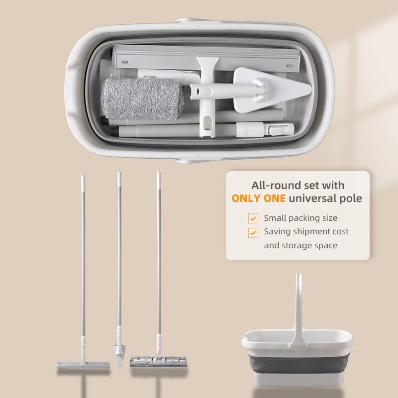 3 in 1 Flat Mop and Bucket Set with Replaceable Heads Mops Cleaning Floor With Long Handle Glass Cleaner & Car Brush