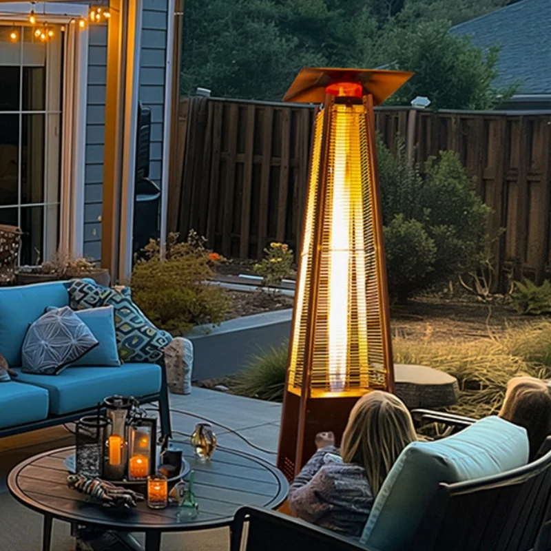 Outdoor Natural Standing Heater Black Glass Tube Pyramid Flame Heater Gas Tower Fireplace Patio Heater