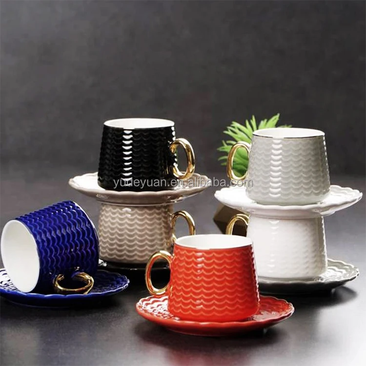 luxury style espressos ceramic wholesale custom embossed design cup saucer factory coffee china cups and saucers