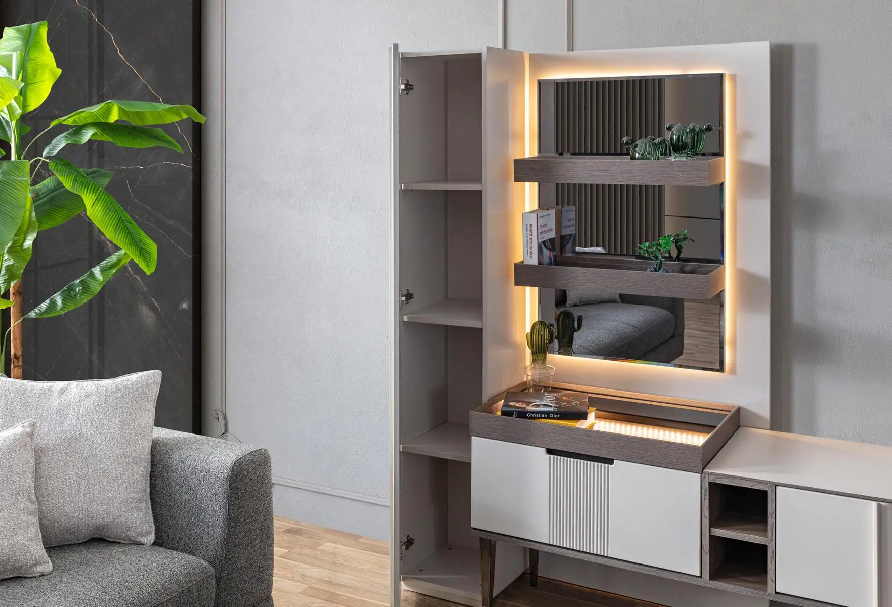 Exclusive wall unit white color designer furniture for living room LED illuminated