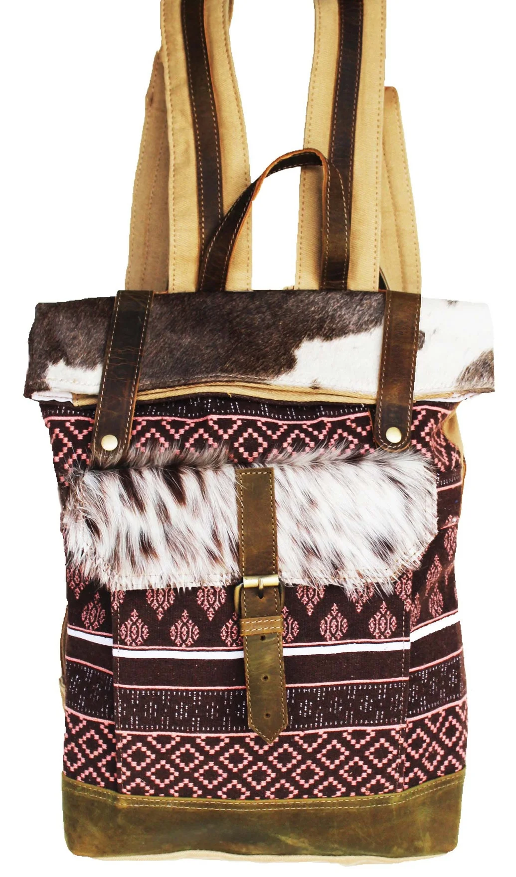 Casual Large Lady  backpacks Handcrafted Brown Cowhide Canvas Luxury Handwoven Leather Strap PU Cotton Lining Logo Cheap Price