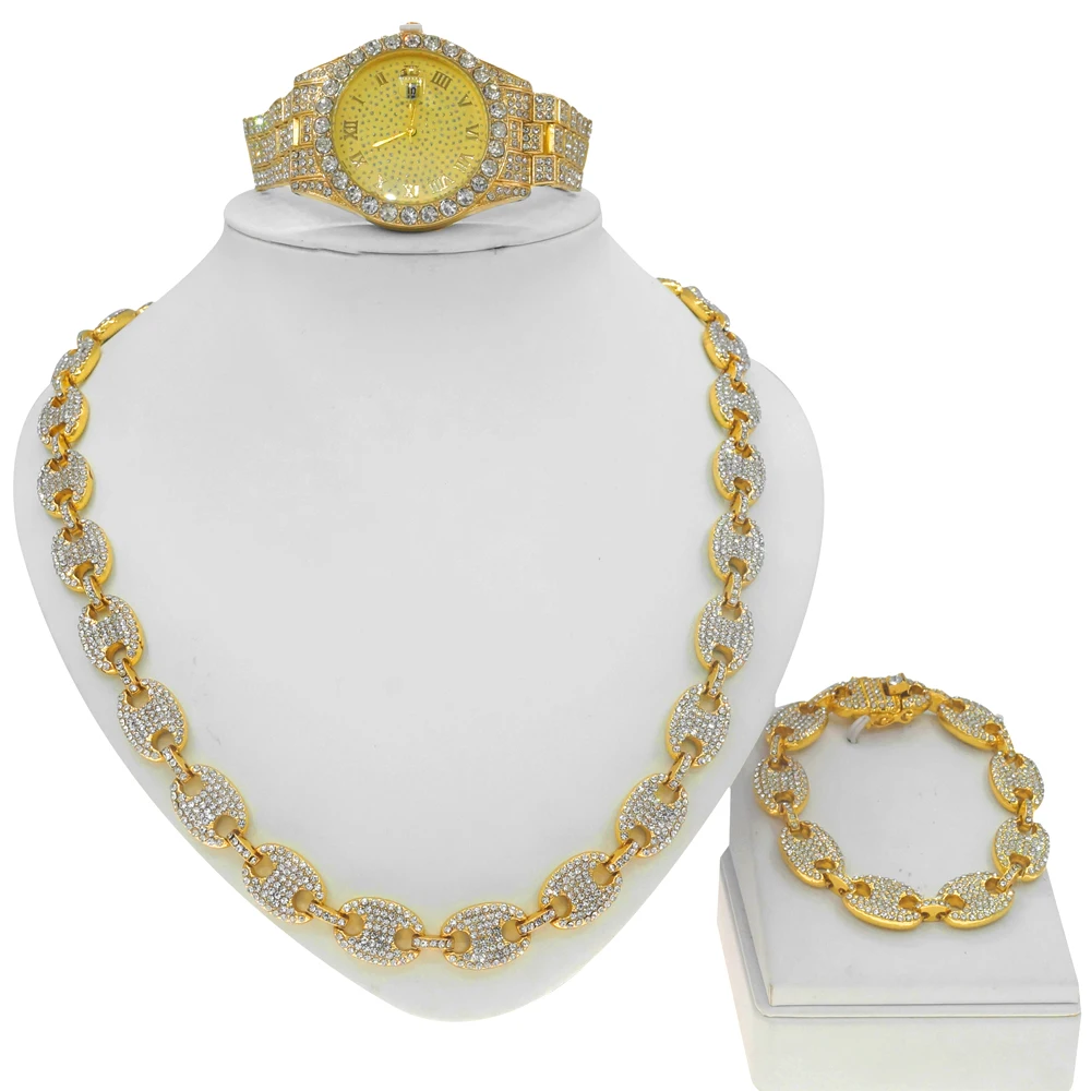 Zhuerrui 24k Gold Plated Dubai Chain Design Jewelry Set Fashion Body Chain Necklace Bracelet Watch Stainless Steel  HW21100149