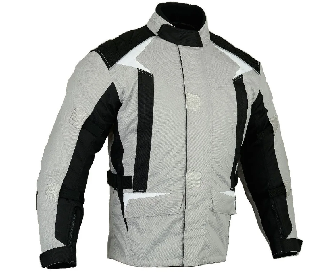 Top quality Men Motorbike 600D polyester Cordura fabric light grey color with black strip motorcycle all season touring jacket