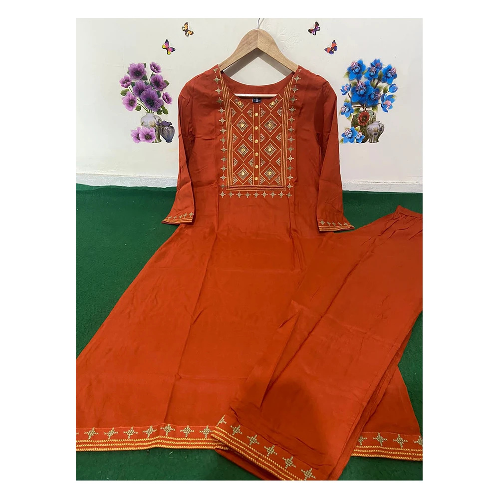 Latest Fashion Embroidered Cotton Kurta And Pant Set For Office Wear At Reasonable Price