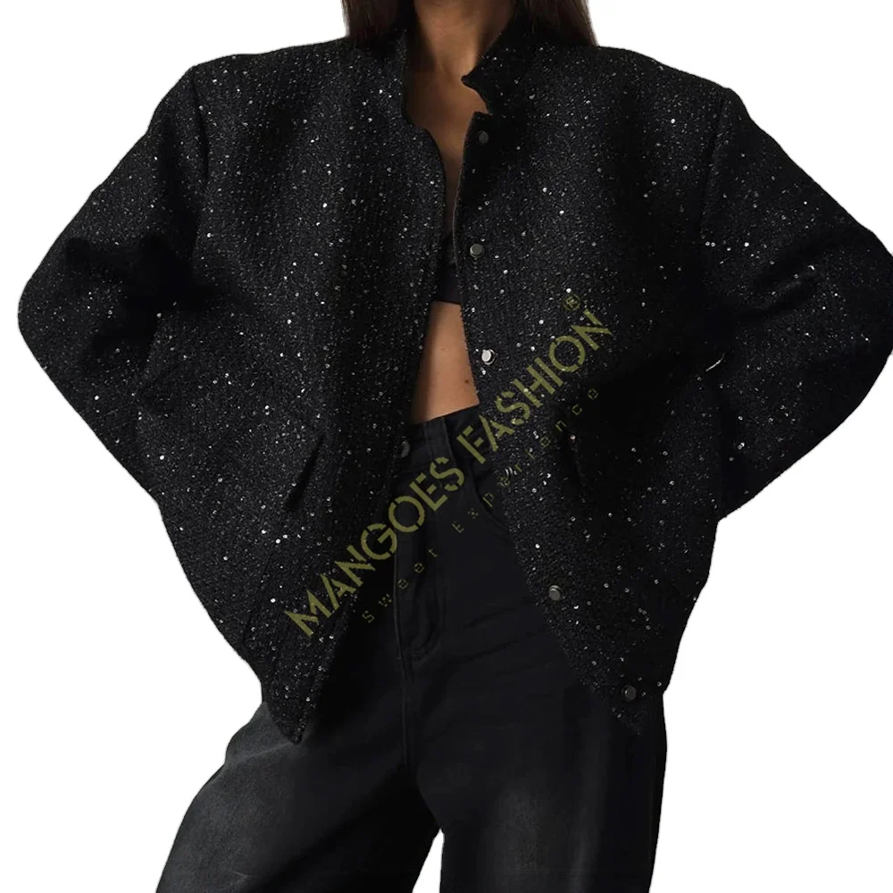 Versatile Black Loose Tweed Sequin Jacket - Chic and Elegant Fashion Coat for Women, Trendy and Warm Female Outerwear