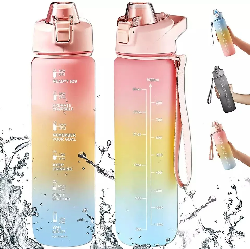 Мотивационная бутылка для воды 1л пластиковые бутылки тренировок большая с соломой