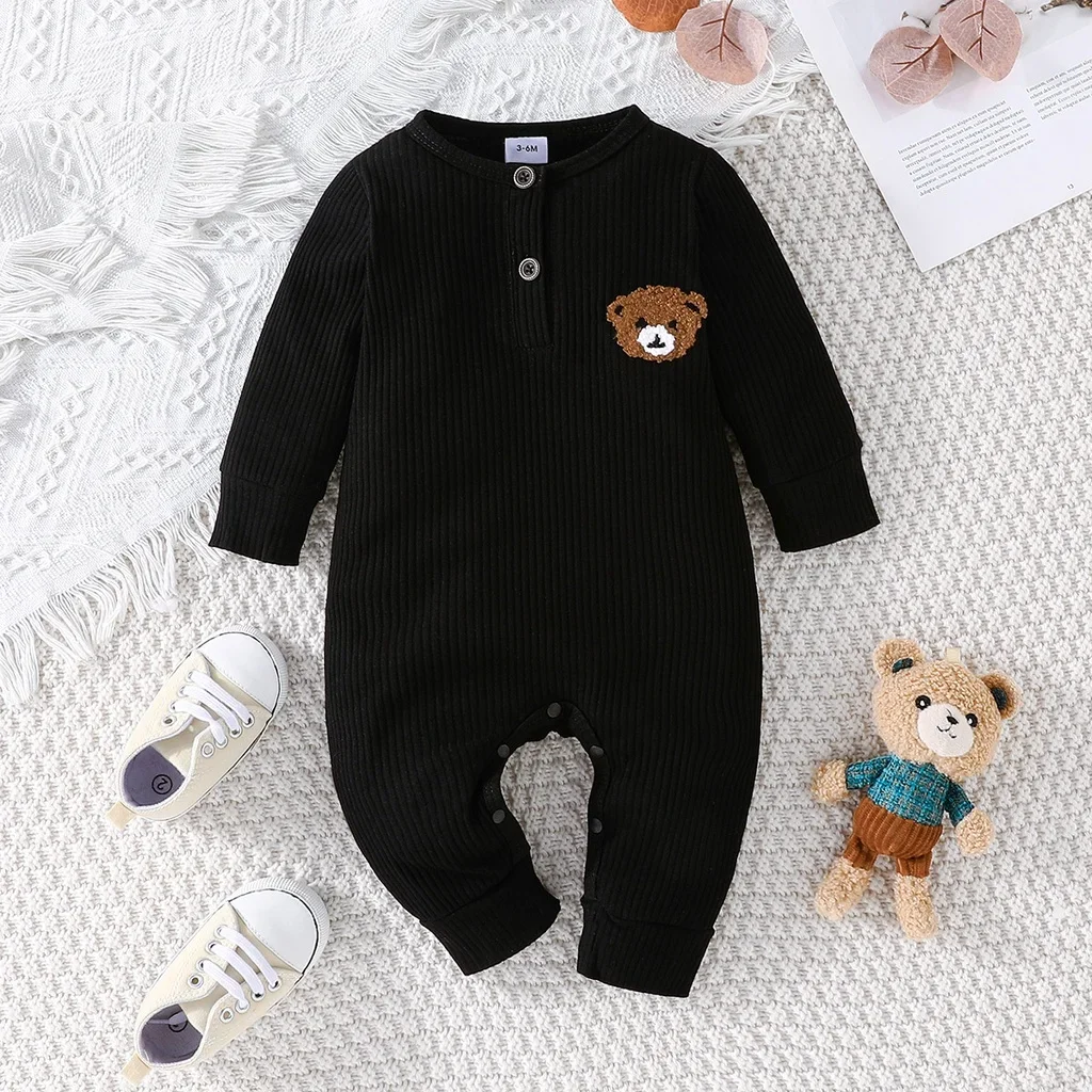 Newborn Baby Clothes Cartoon Bear Tiny Button Onesies For Baby Boy Long Sleeve Infant Romper Toddler Jumpsuit