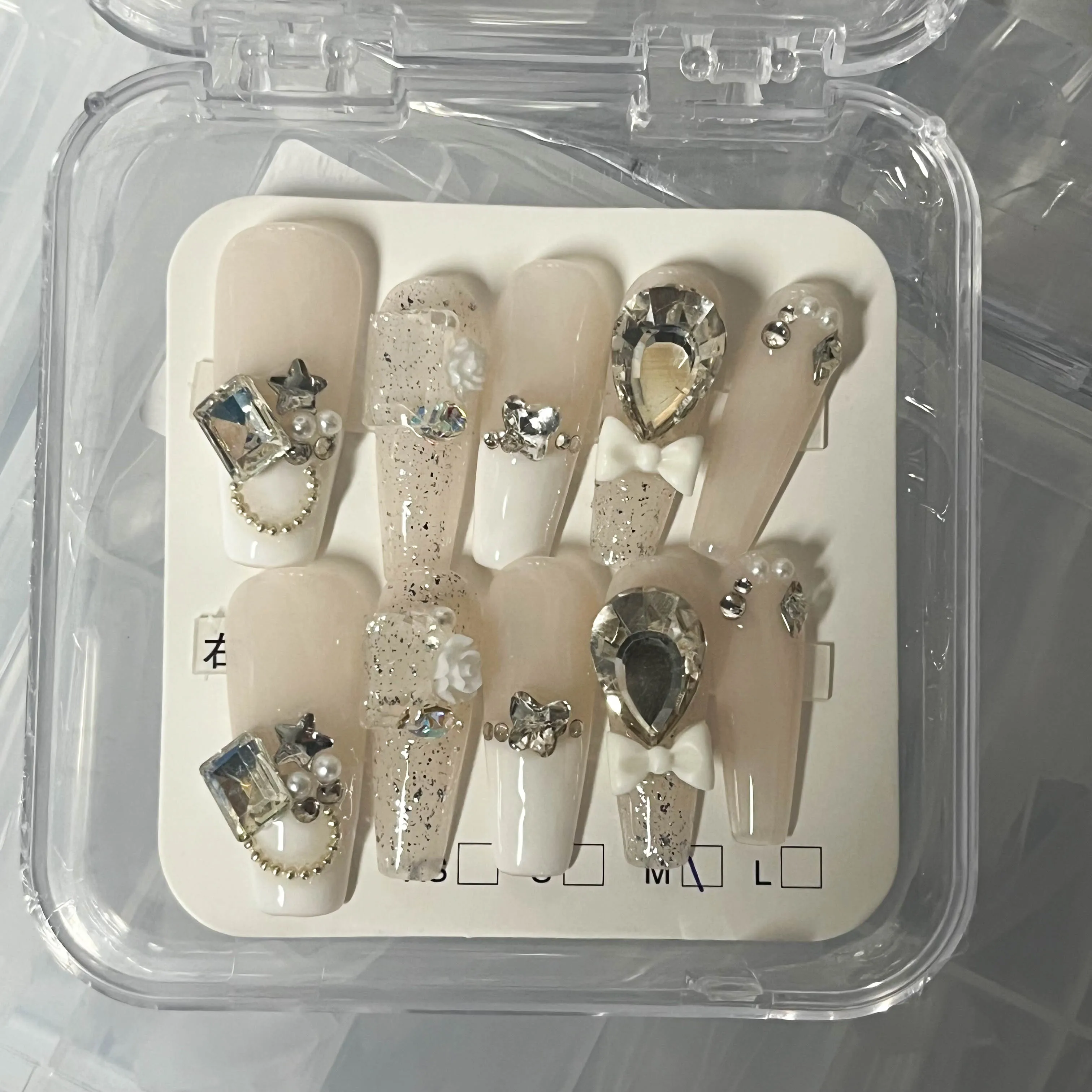 In Stock Pink Handmade False Nails with Glitter Diamond Luxury Handmade Acrylic Nails Press on Artificial Fingernails