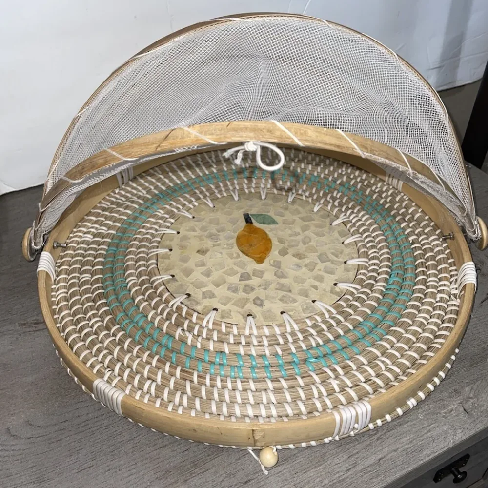 Best selling seagrass and bamboo food cover MOP inlay base woven tray anti bug kitchen wares wholesale from Vietnam