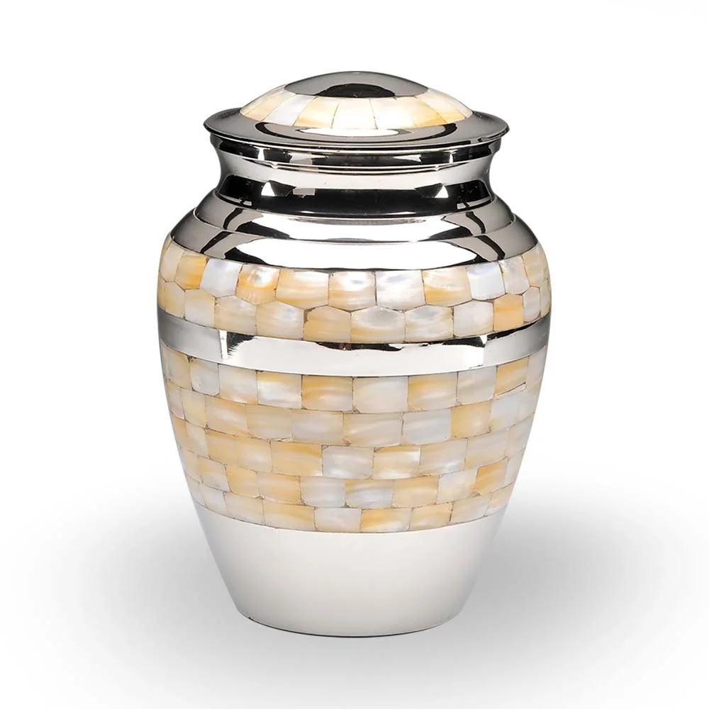 Premium Quality Brass Mother Of Pearl Cremation Urns For Human Ashes Adult Handmade Metal Urn Golden Shining Brass Metal Urn