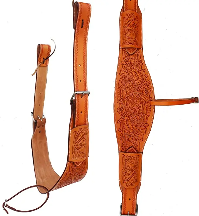 CHALLENGER Horse Western Floral Tooled Leather Rear Flank Saddle Cinch w/Billets folded