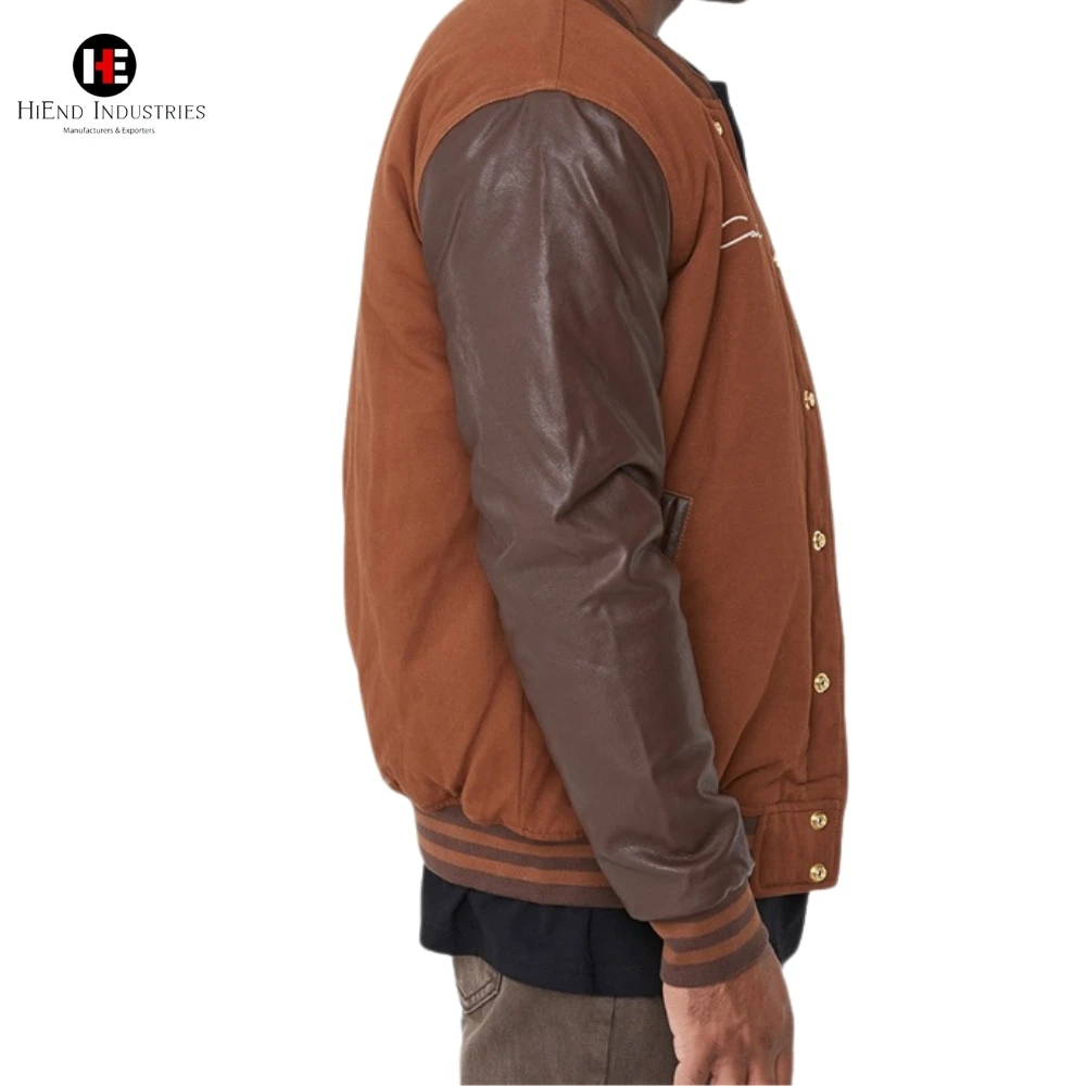 OEM Custom Leather Sleeved Varsity Jacket Embroidered Logo Classic Letterman Bomber Design Front Slash Pockets for Men