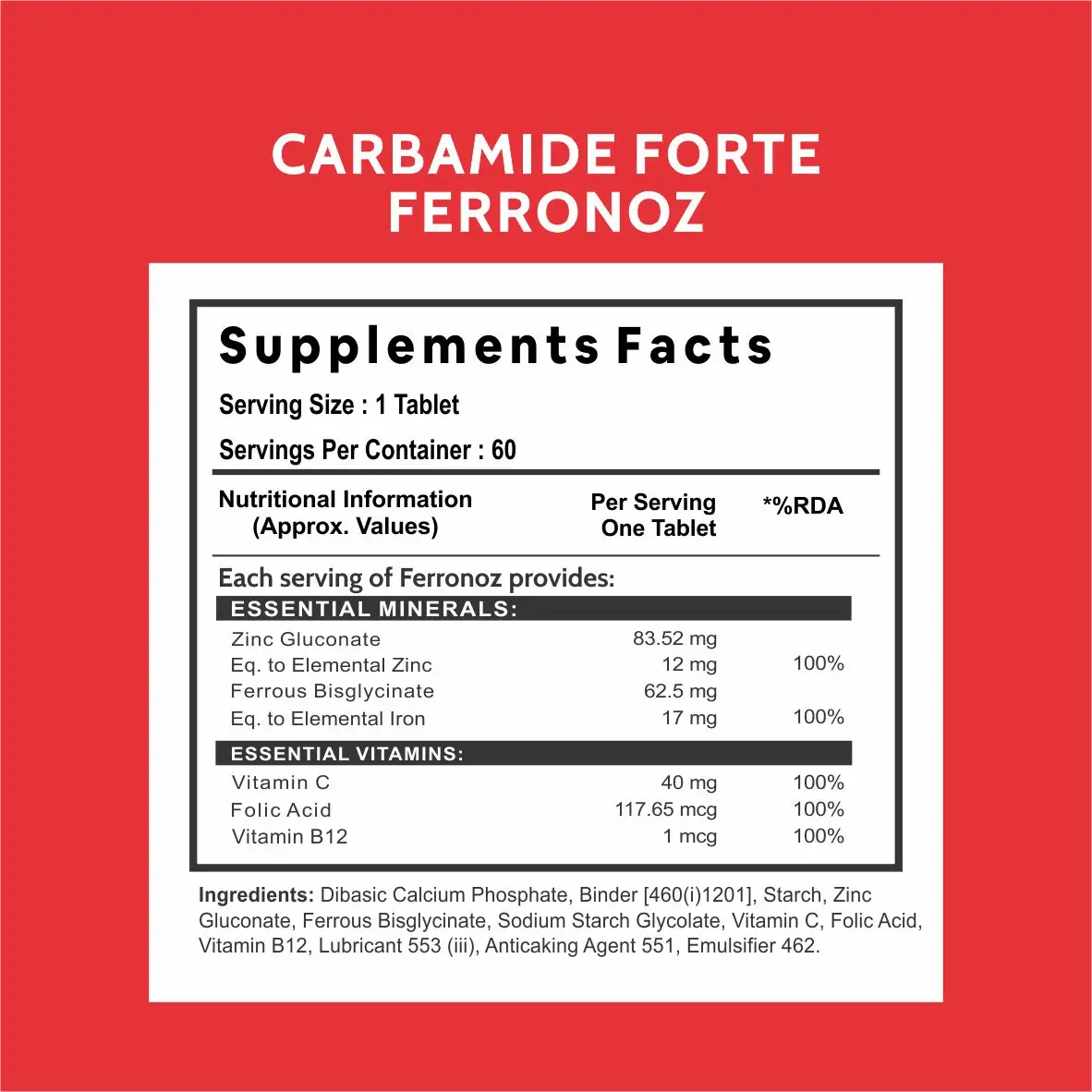 Natural Vegetable Chelated Iron Supplement for Women & Men Iron Tablets with Vitamin C, Vitamin B12, Folic Acid & Zinc - 60 Veg