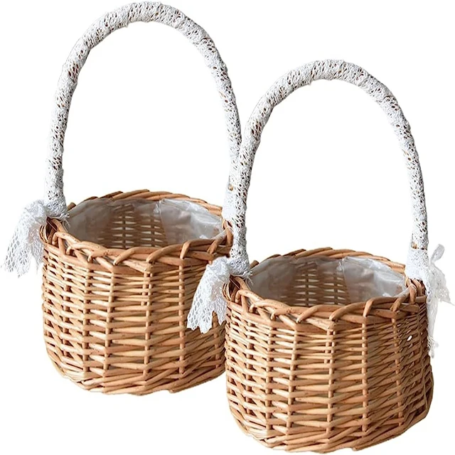 New Stock Rattan Hanging Box with Flower Ribbon Gift Woven Storage Bins Wedding Decoration Flower Girl Wicker Basket