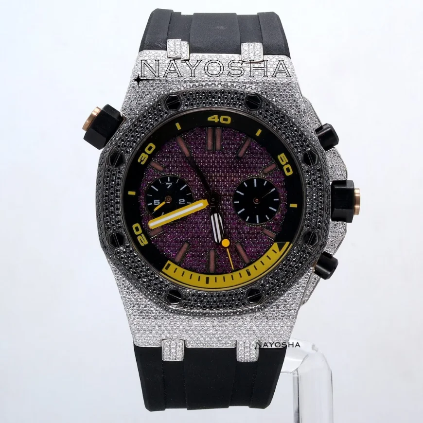 Luxury Handmade High Quality VVS Moissanite Diamond Automatic Setting Bust Down Black Strap Watch From Indian Manufacturer