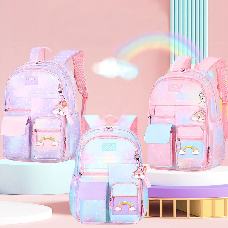 2023 New Primary School Backpack Cute Colorful Bags for Girls Princess School Bags Waterproof Children Rainbow Series Schoolbags
