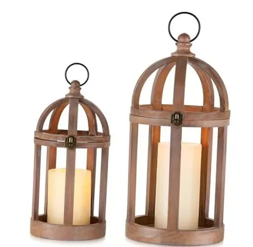 Farmhouse Lantern Decor Set of 2 Indoor Rustic Wooden Lanterns Brown for Table Centerpiece Fireplace Mantle For Metal Overseas