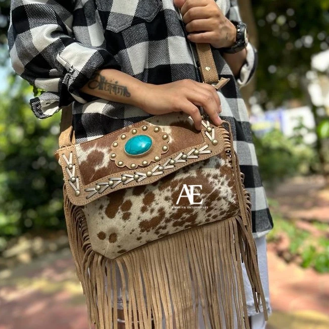 New Western Style Hair On Hide Fur Suede Leather Fringe Bag  High Quality Boho Women Leather Shoulder Bag  With  Turquoise Stone