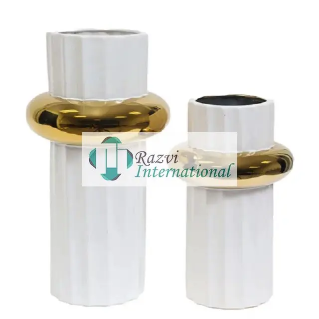 White Glossy Color Decorative Vase With Gold Mesh Design Decorative Vase Top Quality White And Golden Color Flower Pot and Vases