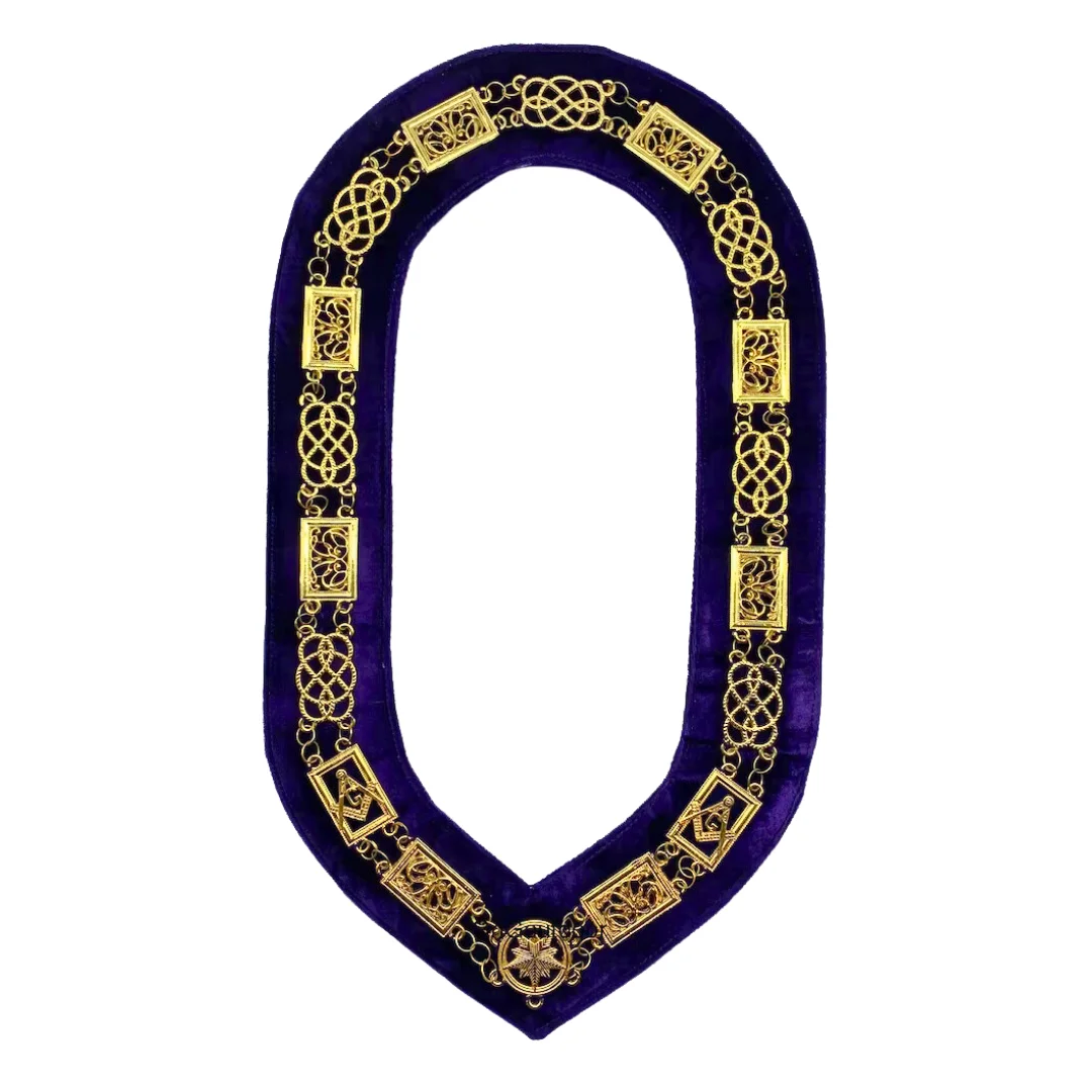 Customized Masonic Regalia Grand Lodge Metal Chain Collar Gold On Purple Velvet Masonic Chain Collar