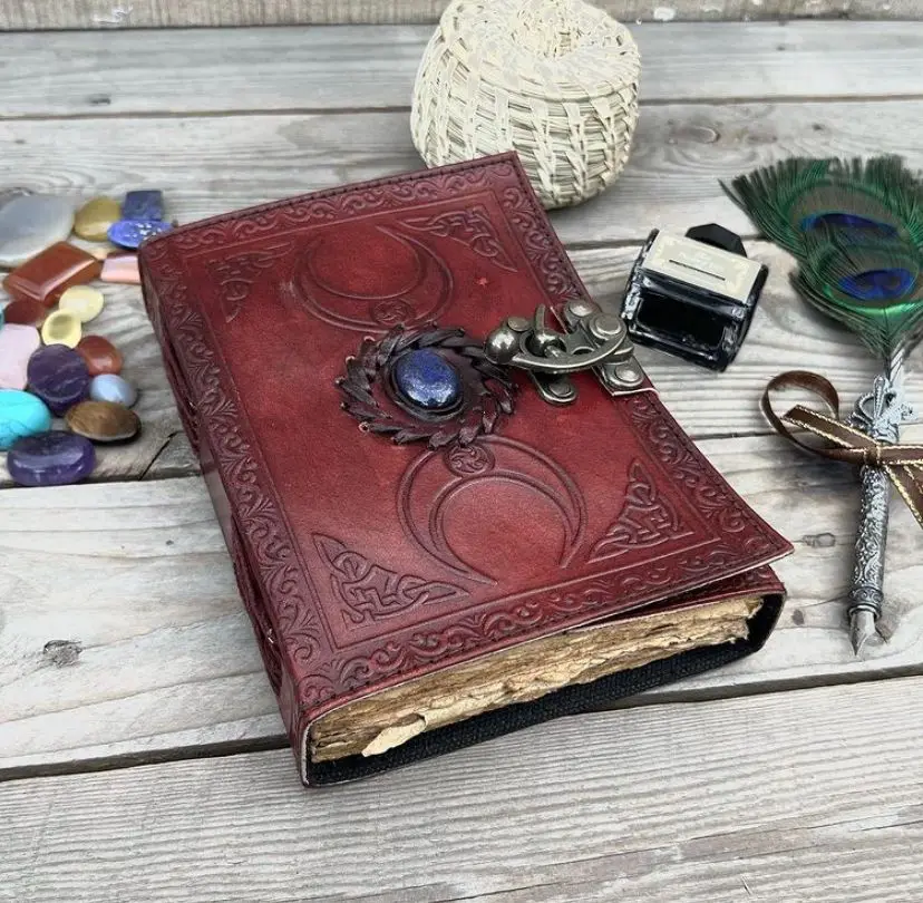 Vintage Leather A5 Journal 18 x 13 cm Dark Brown with Original Lapis Lazuli Stone & Antique Lock Paper Cover for Men & Women