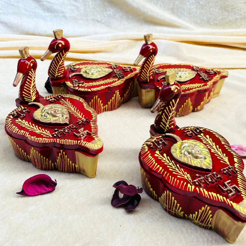 Handcrafted Wooden Tika Chopra in Peacock Shape With Meenakari Work Kumkum Box With 4 Section for Roli and Kumkum and Chandan
