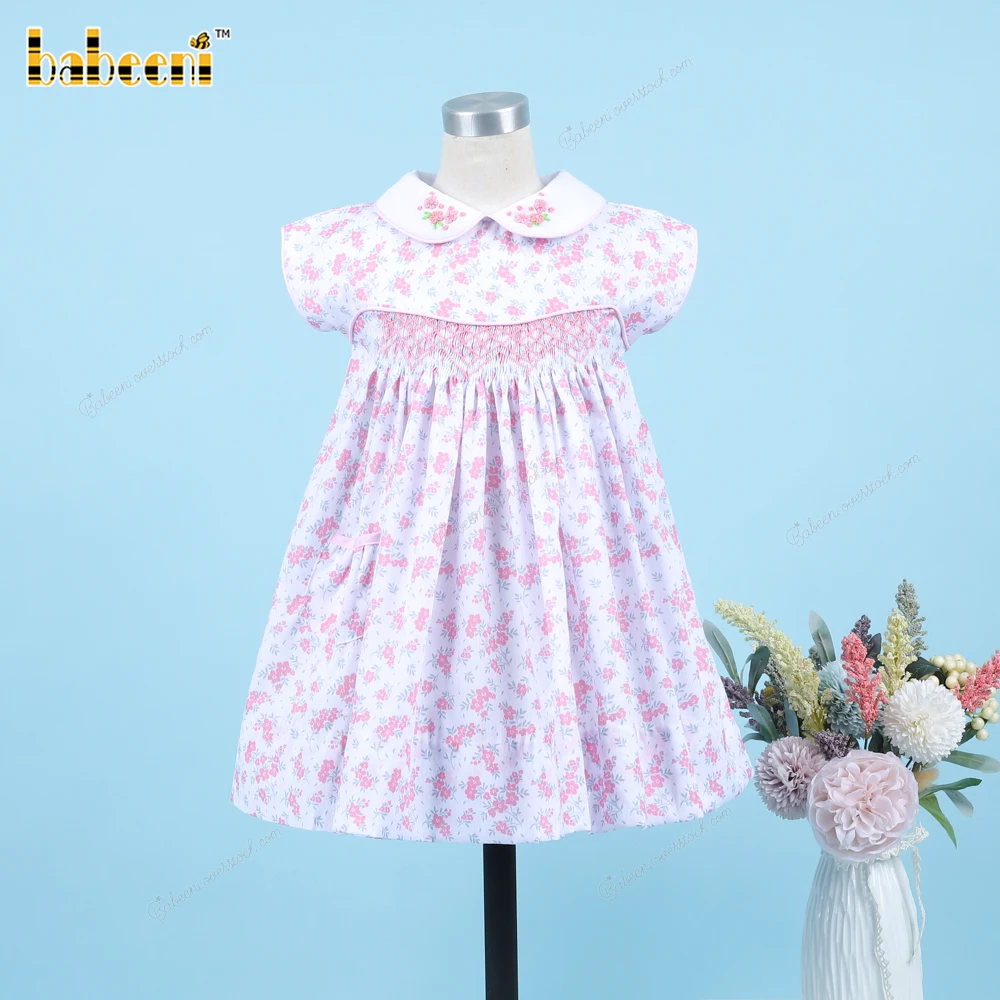 Blue Yellow Floral Plain Dress For Girl For Girl OEM ODM customized hand made embroidery wholesale smocked dresses - BB3303