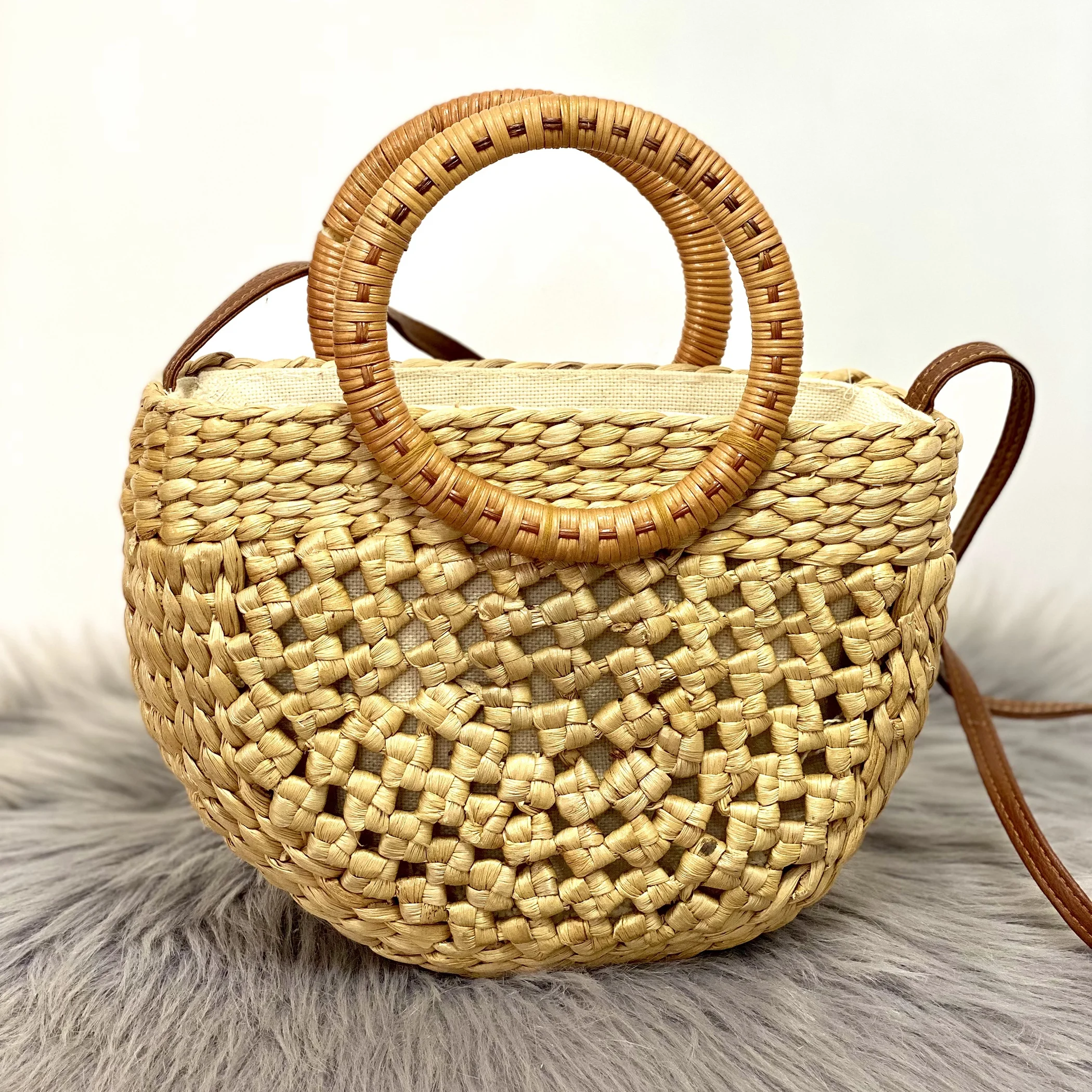 Nice New Hot TrendSeagrass Shopping Bags with Leather Traps Women Ecofriendly Straw Bag 200 Pcs Seagrass/ Wicker Vintage Natural