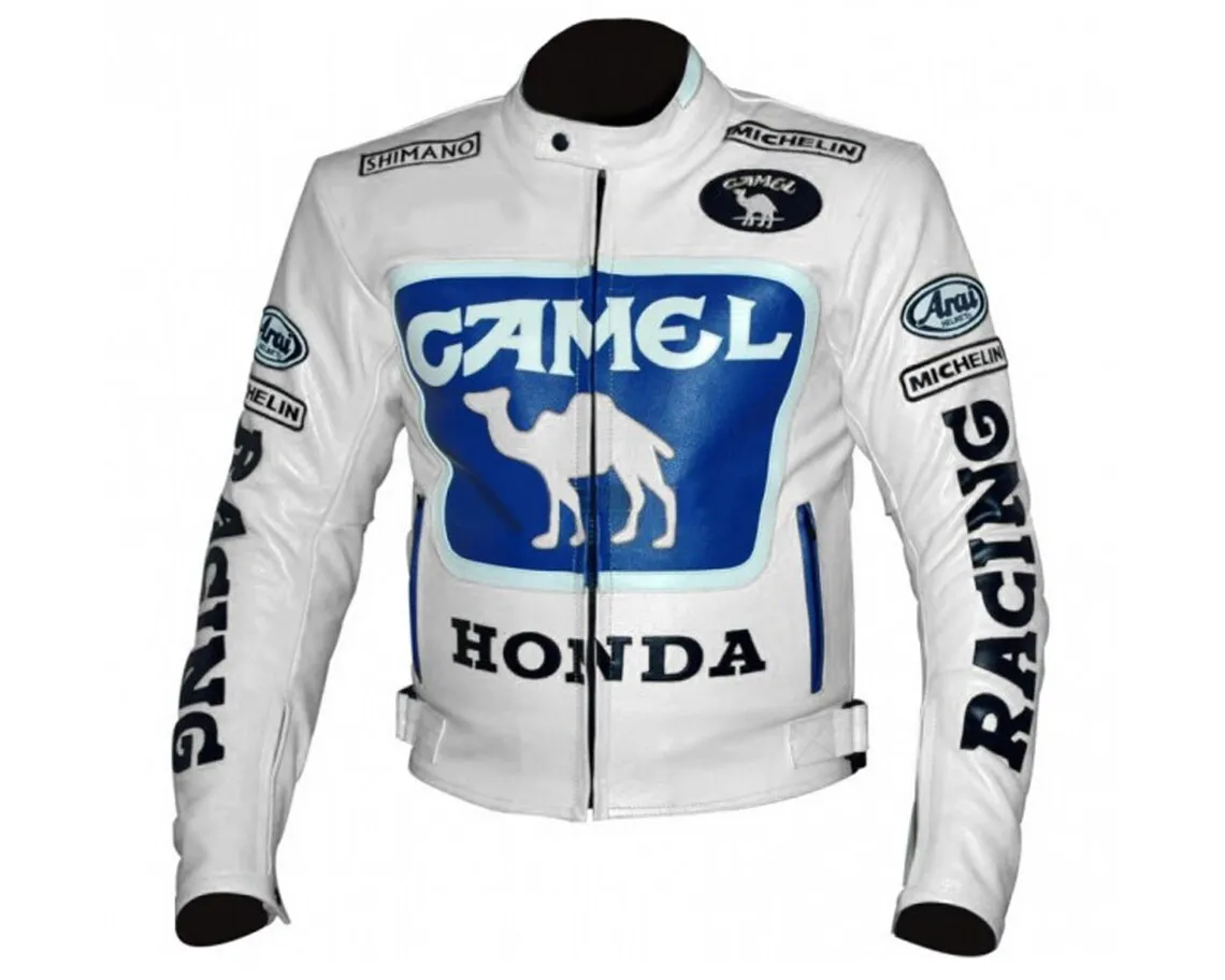Men White Hondaa Blue Racing Motorcycle Biker Genuine Leather Jacket Custom, Cowhide Leather Moto Racing Biker Riding Sport