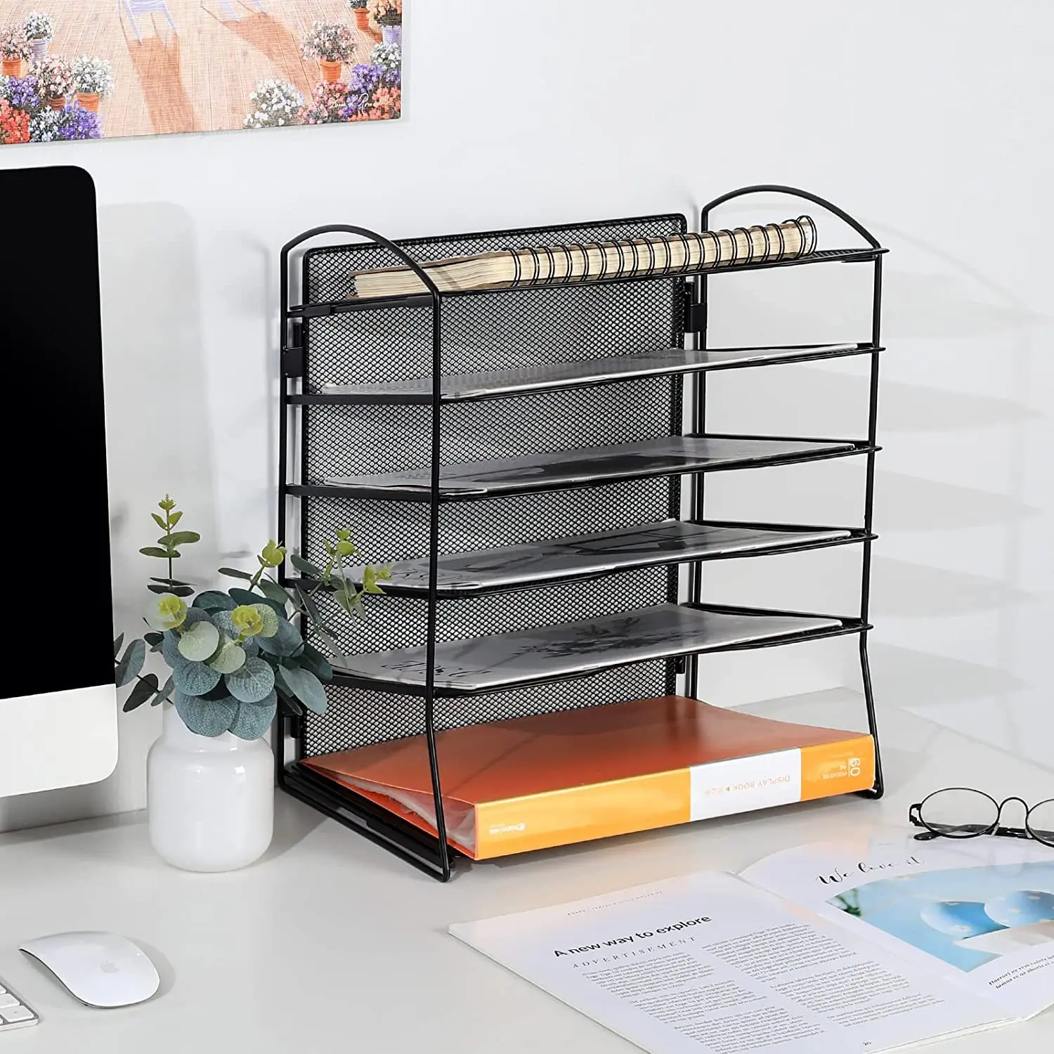 Factory customization mesh 6 layers screwless design iron art document magazine storage metal desk organizer for office