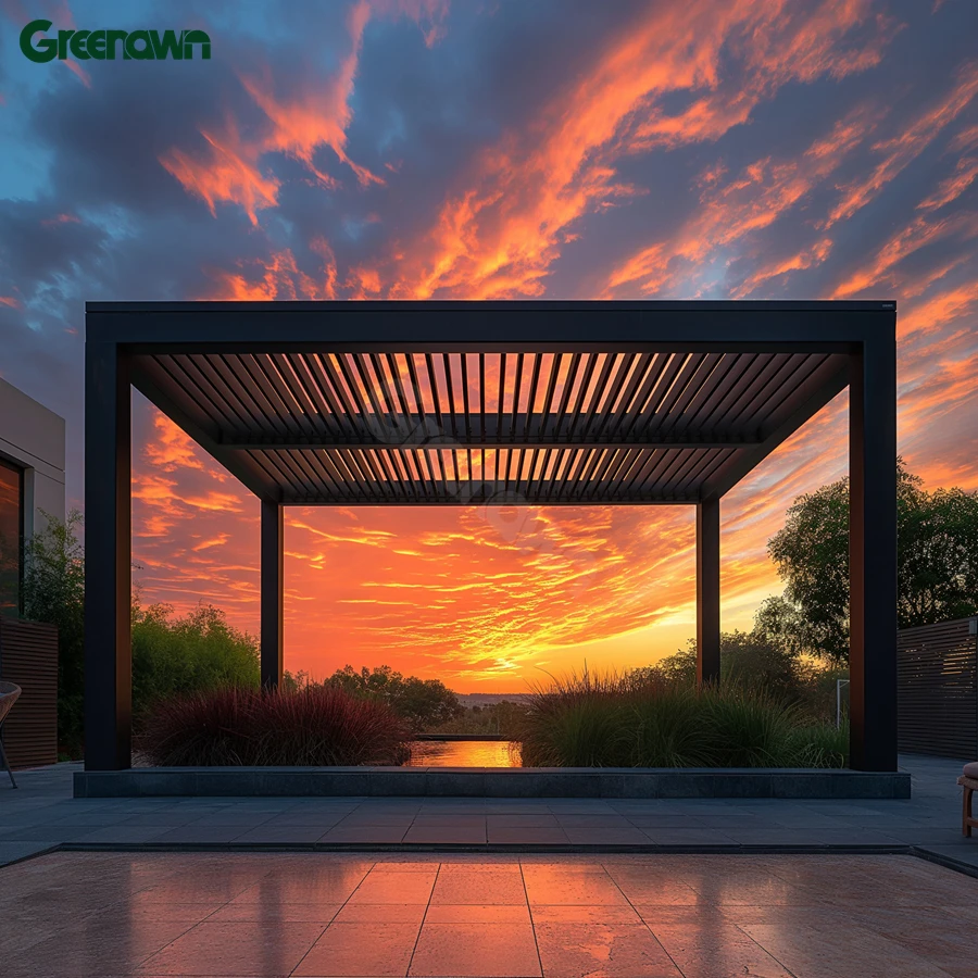 GREENAWN Black Motorized Louver Waterproof Pergola Roof System for Garages Canopies Carports with Flexible Louver