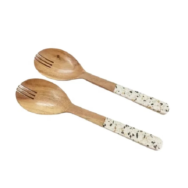 Wooden Salad Server Terrazzo Handle Acacia Wood Salad Server Spoon Set Steel Kitchen Fruit Vegetable Spinner kitchen gadgets