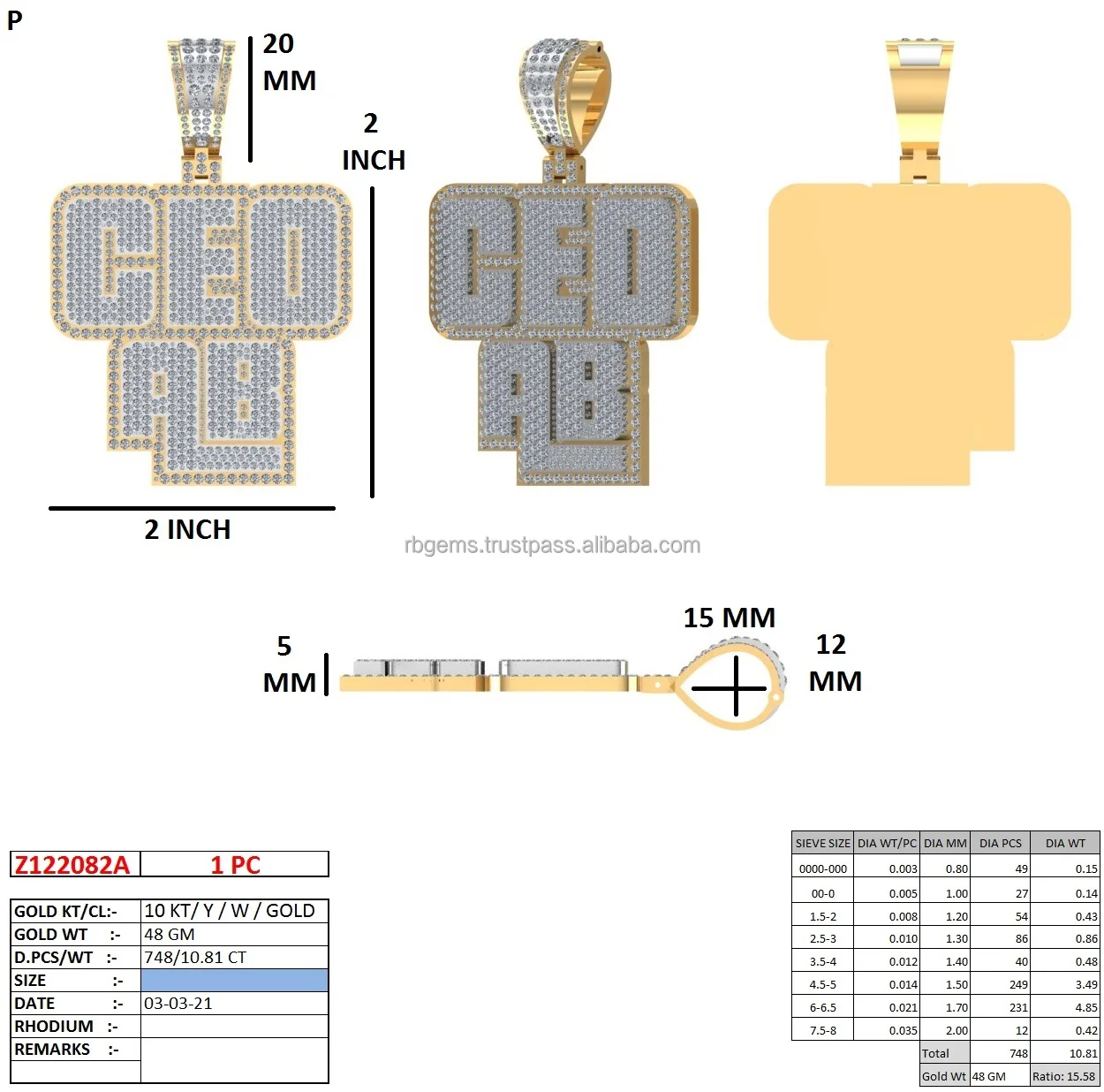 Unisexual Customized Hip Hop Trendy pendant in 10Kt white /yellow gold 48gm and 10.81ct natural diamonds