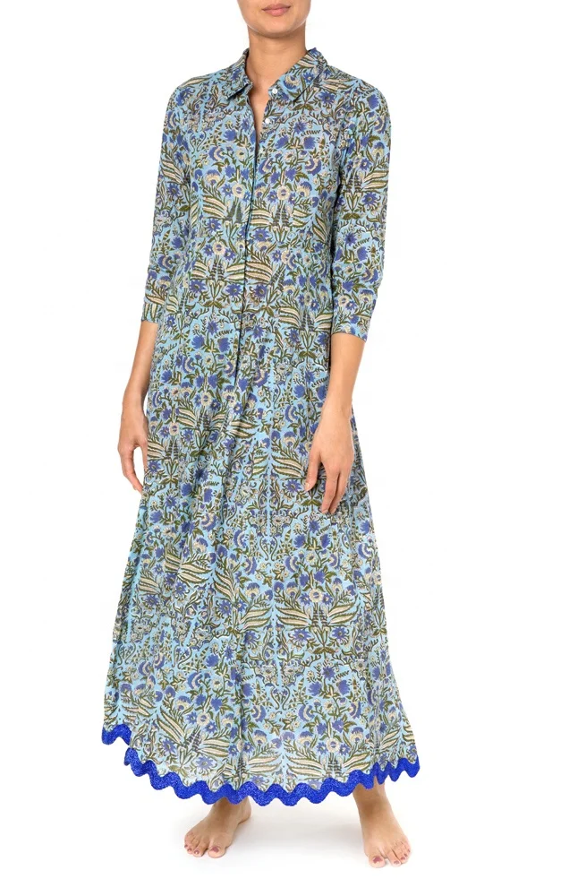 Strong Retro Vibe Fresh New Botanical Blooms Ladies Shirt Dress Beautiful Women Soft Vivid Cornflower Print Blue Elegant Dress