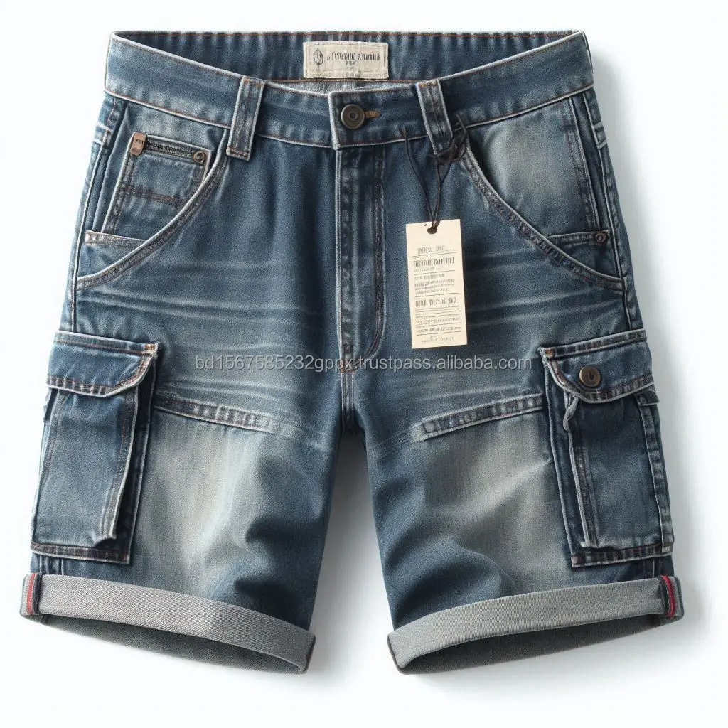 Trendy Dark Washed Denim Cargo Shorts High Quality 8 Pockets Vintage Style Smart Casual for Summer Streetwear Customized Labels