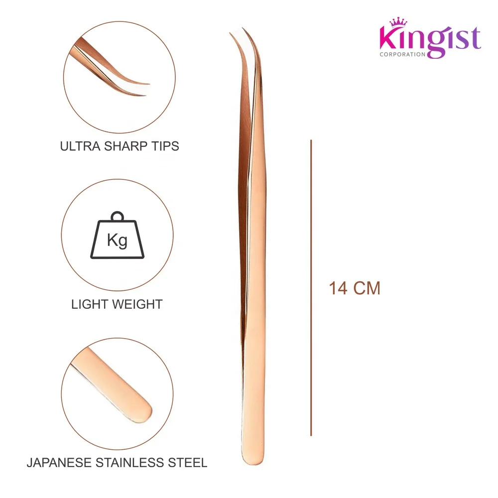 Private Label Stainless Steel Slim SS Curved Eyelash Extension Tweezers in Beautiful Rose Gold Color