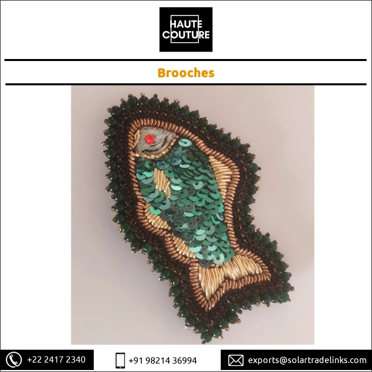 Custom Size Bullion Kora Thread Embroidered Handmade Sequins Miyuki Beads Made Fish Brooch at Reasonable Price