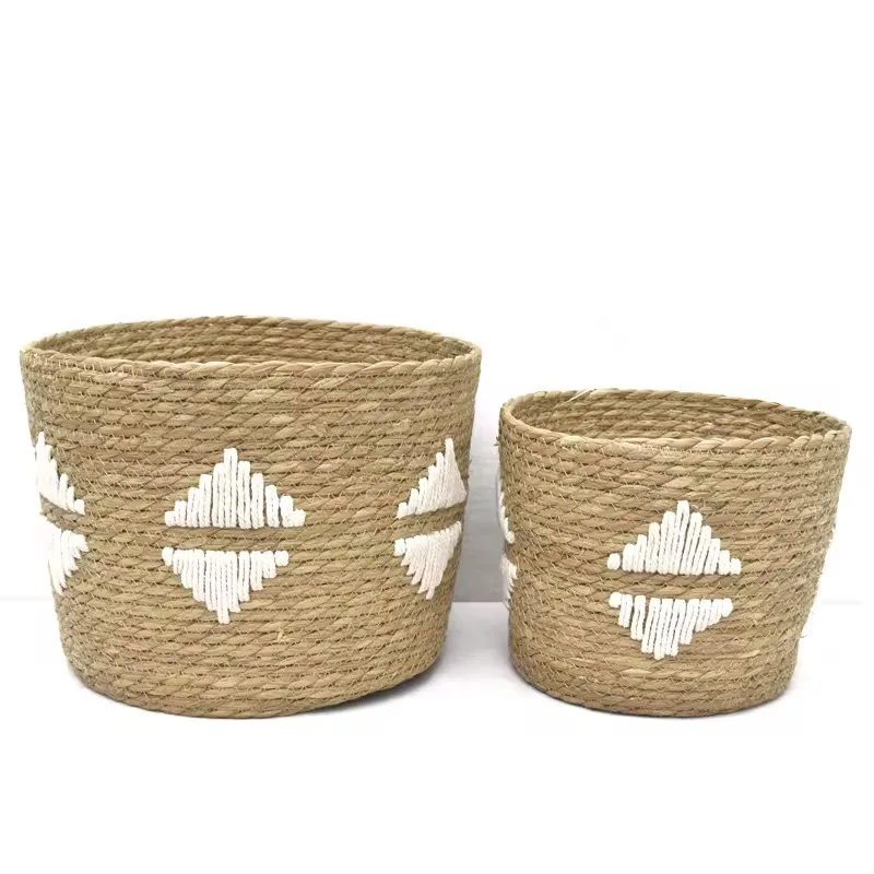 ZONNEST Hight Quality Cheap Natural Round Cattail Grass Woven Craft Basket Handmade Straw Woven Storage Box Basket Set For Home