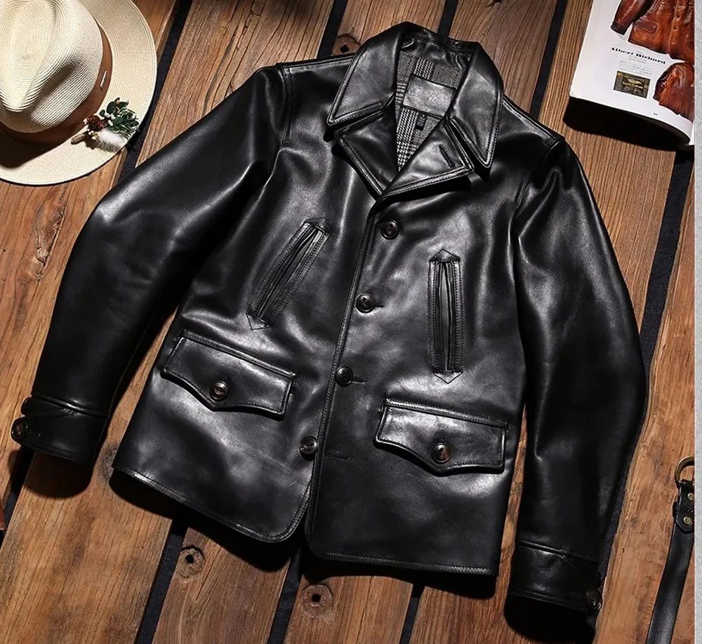 Genuine Leather Classic switchyard coat 100% natural Italian tanned cowhide jacket Mens real leather Trench cloth vintage casual