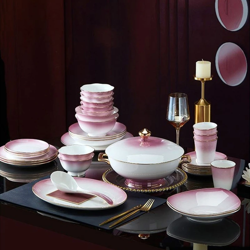 New Bone China Dinner Set Red Plate Set Pink Glazed Color Wholesale Stoneware Set Luxury Ceramic Tableware