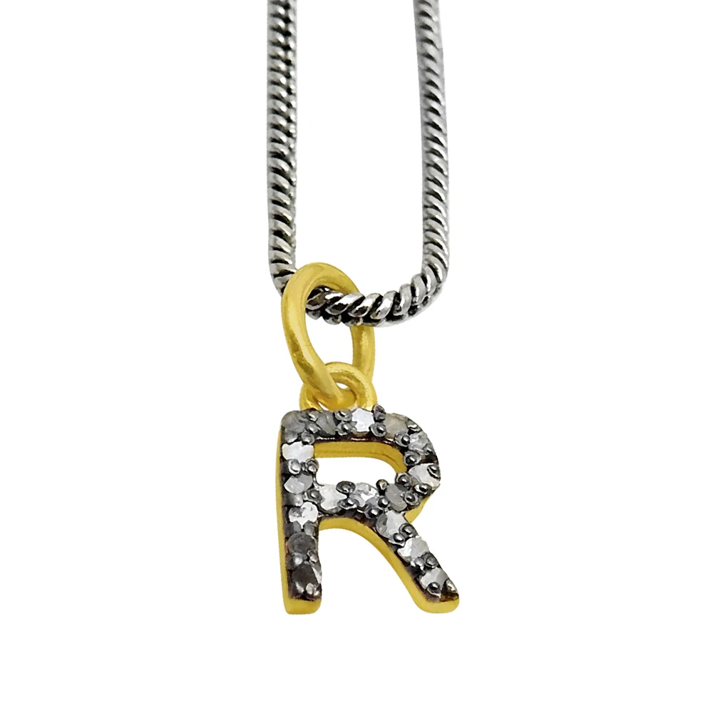 Pendant Alphabet R Diamond Initial Letter Pendant Necklace 925 Sterling Silver 18k Gold Plated Handmade Vintage For Woman