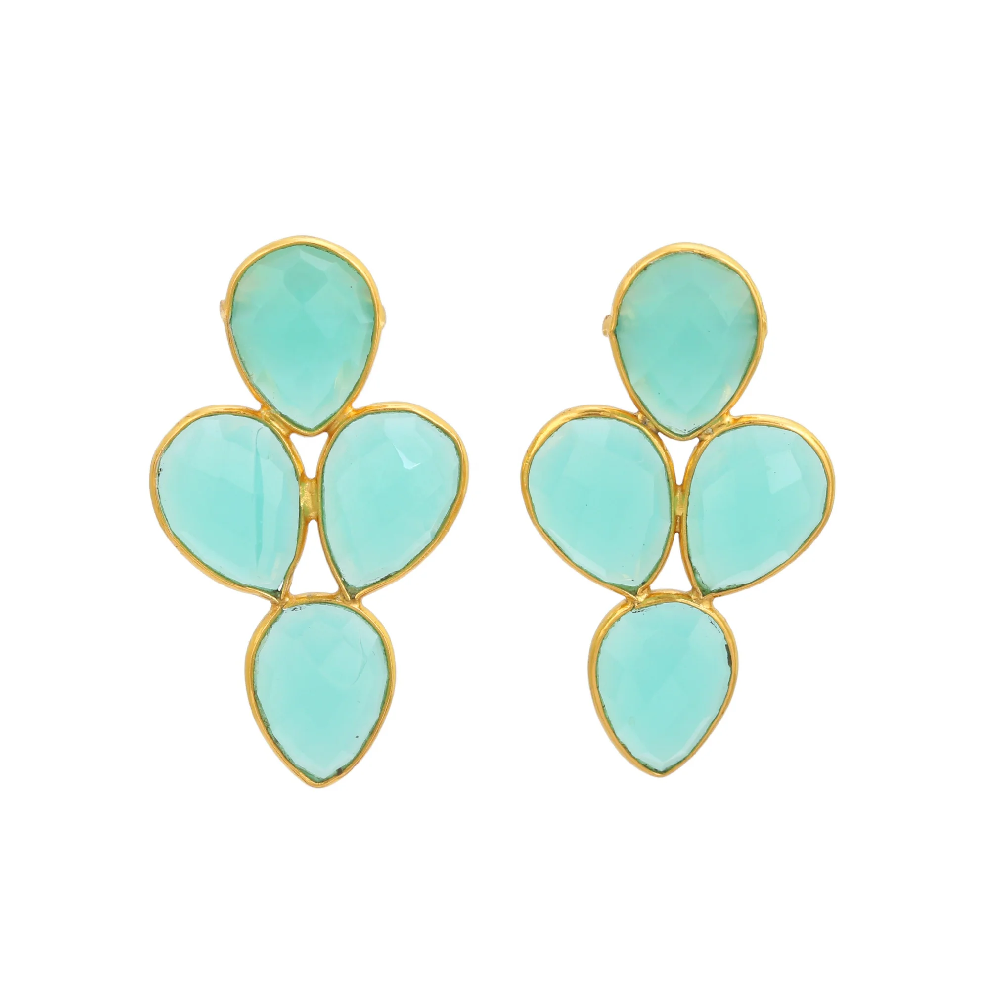Aqua Chalecedony Earring Gold Plated 925 Sterling Silver Earrings Fine Jewelry Pear Shape  Earrings