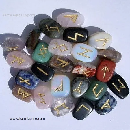 Natural Crystal Labrodolite Stone Polished Tumbled stone with engraved and painted rune set crystal Engraved rune set