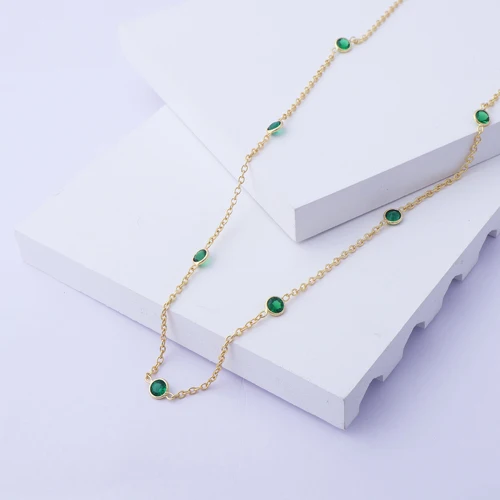 New fashion tiny green emerald quartz round stone necklace gold plated bezel set multi station double layer cable chain  jewelry