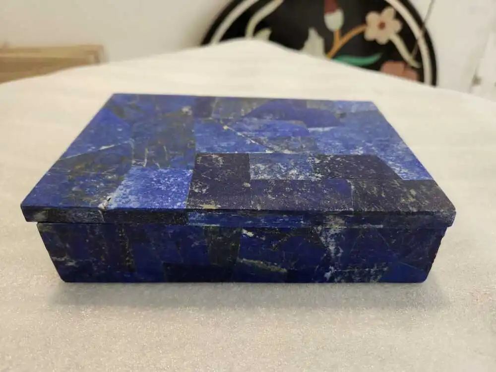 Trending New Look Lapis Lazuli Gemstone Inlay Rectangle Marble Box for Ring Storage Paper Jewelry Boxes Stone Inlay Gift Giving