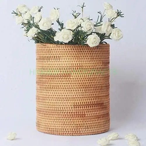 Handmade Rattan VASE Trash Can Cylinder Storage Desktop Trash Can Rattan Trash Can Storage Basket