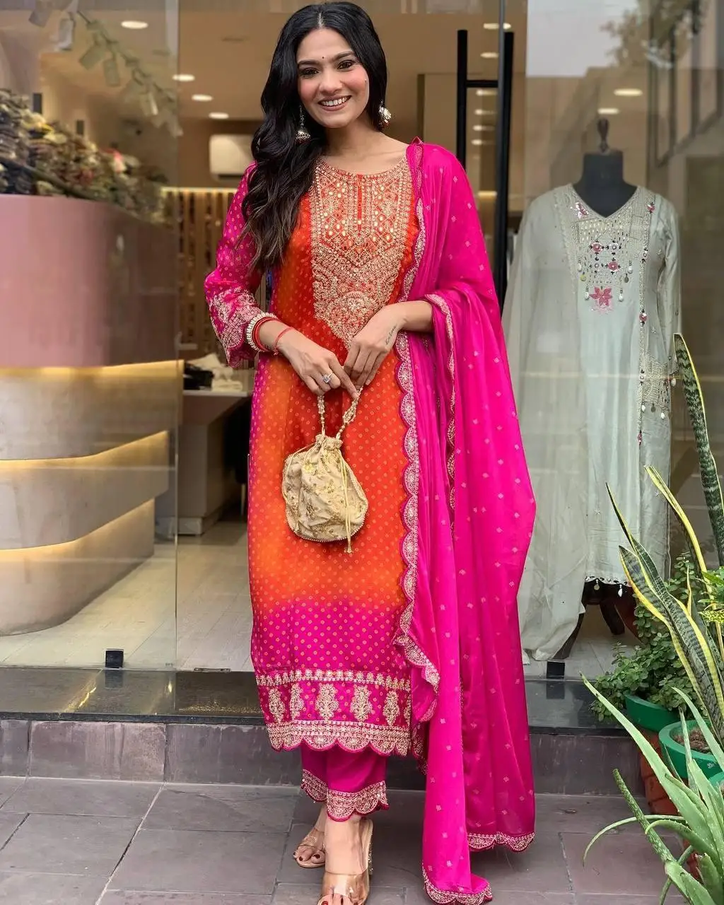 Элегантный оранжевый и розовый вышитый Salwar Kameez с Dupatta брюки костюм для женщин девочек