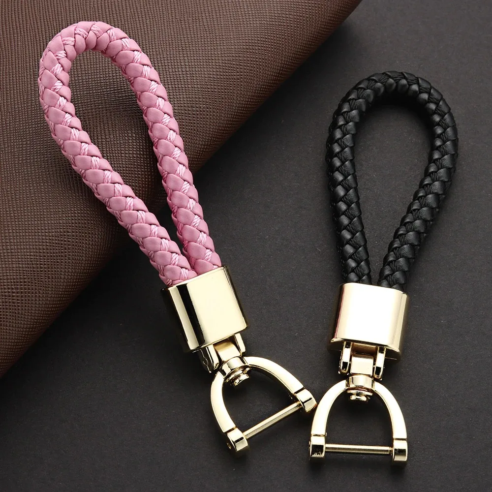 Hand Woven Leather Key Chain Detachable Metal 360 Degree Rotating Horseshoe Buckle Braided Moto Car Key Chain For Men