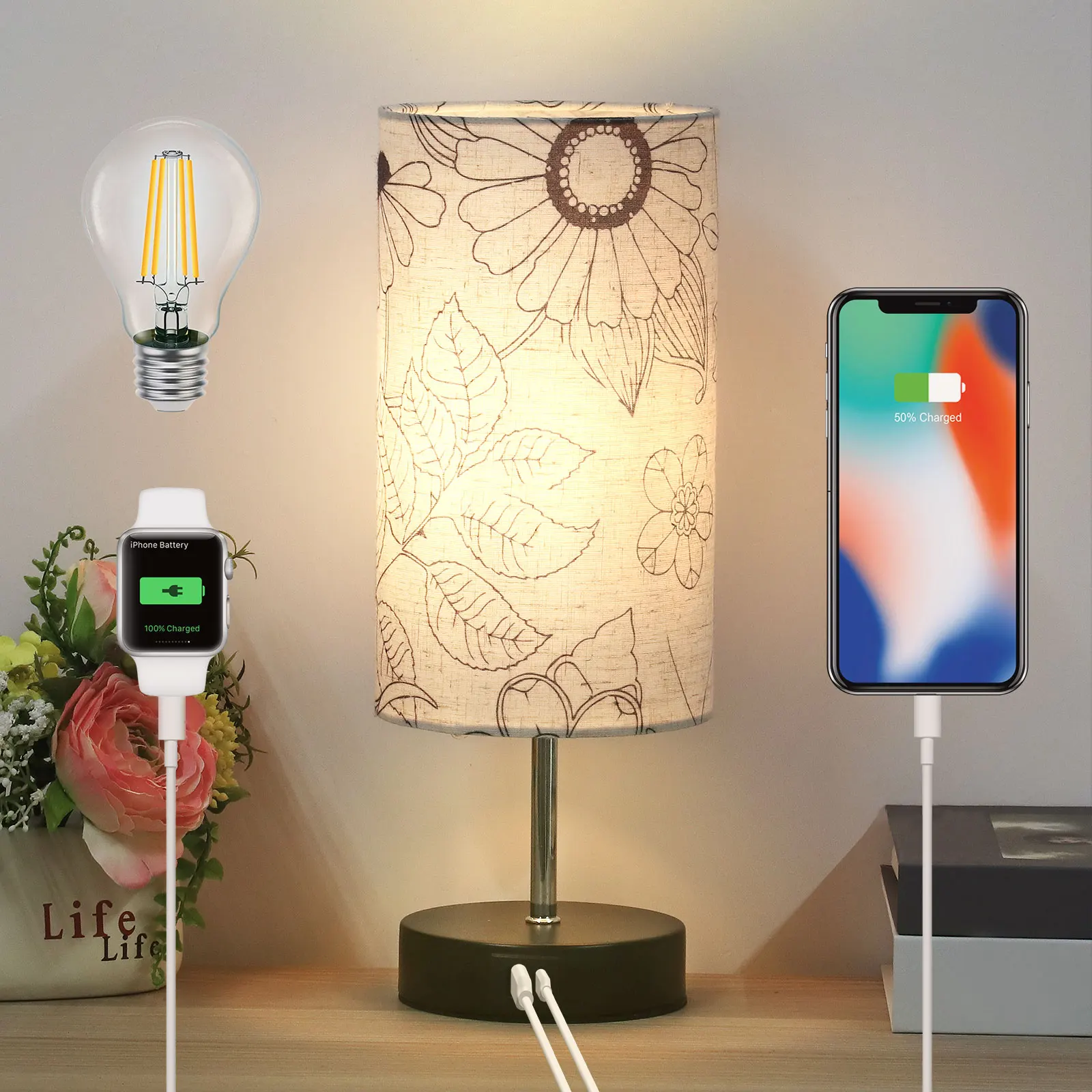 wholesale decorative modern table lamp pattern print fabric lampshade multifunctional desktop decoration table lamp