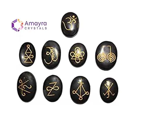 Wholesale Crystal Supplies Black Obsidian  Karuna Reiki 9 Stone Oval Set Crystal Engraved Stones  Amayra Crystals Exports